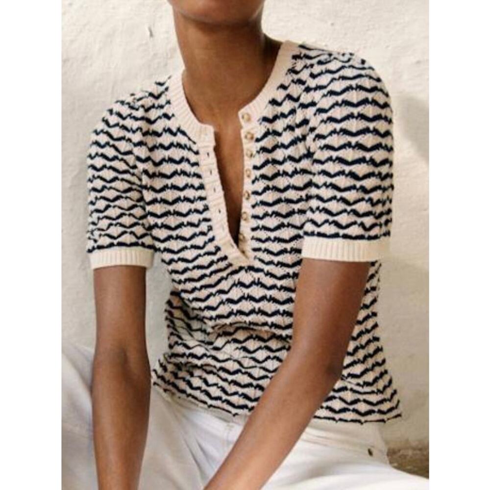 Sezane Cream and Navy Short-Sleeve Knitted Polo Top